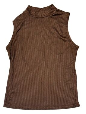 Brit & Bri Brown Ribbed Sleeveless Mock Neck Tank Top Small